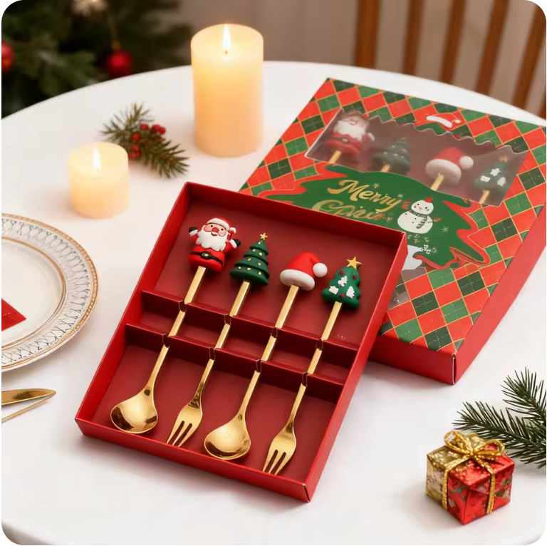 4-Piece Golden Christmas Spoon Set – Festive Holiday Dessert & Coffee Spoons