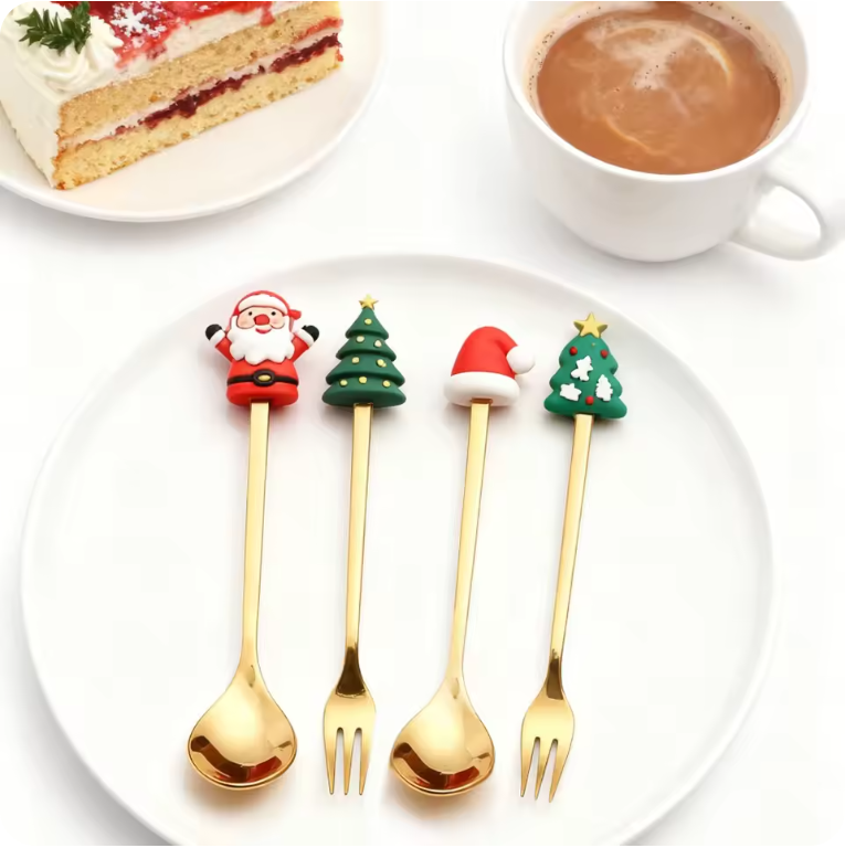 4-Piece Golden Christmas Spoon Set – Festive Holiday Dessert & Coffee Spoons