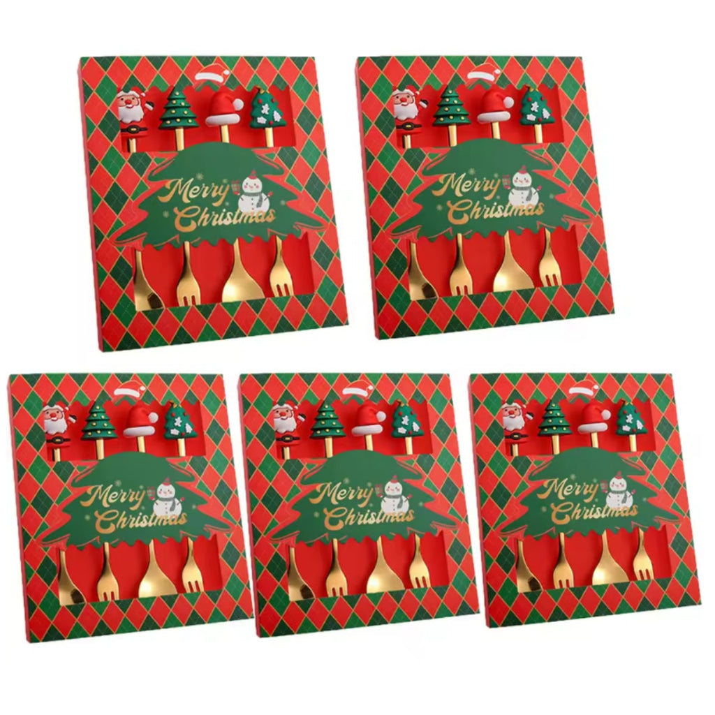 4-Piece Golden Christmas Spoon Set – Festive Holiday Dessert & Coffee Spoons