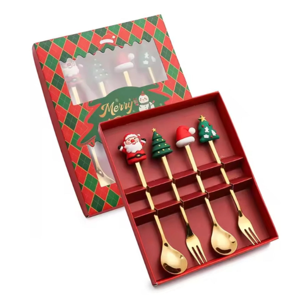 4-Piece Golden Christmas Spoon Set – Festive Holiday Dessert & Coffee Spoons