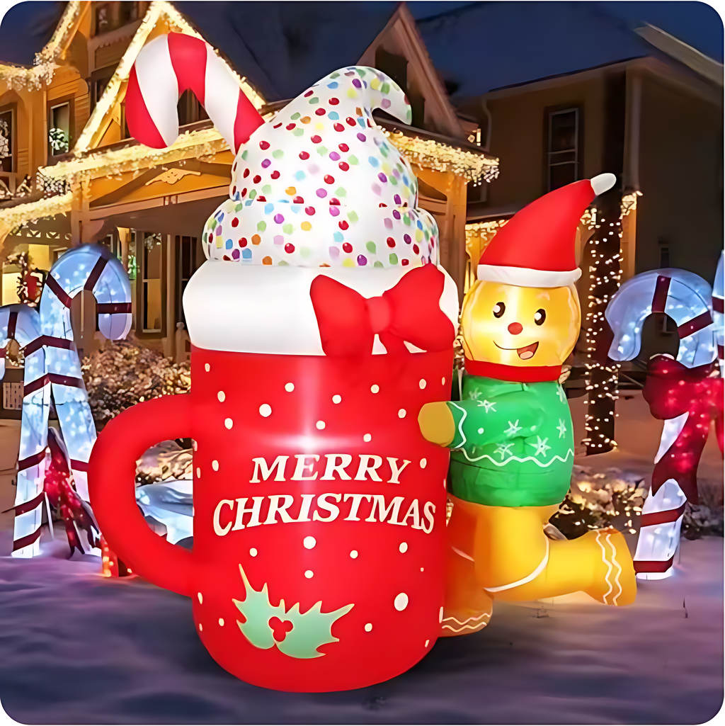 4.6FT Christmas Inflatable Gingerbread Man with Mug – LED Light-Up Outdoor Decoration