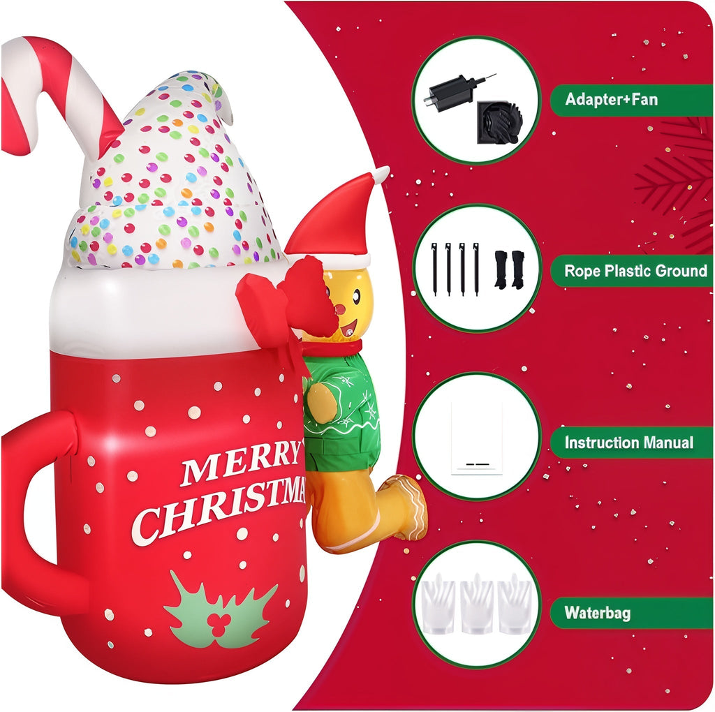 4.6FT Christmas Inflatable Gingerbread Man with Mug – LED Light-Up Outdoor Decoration